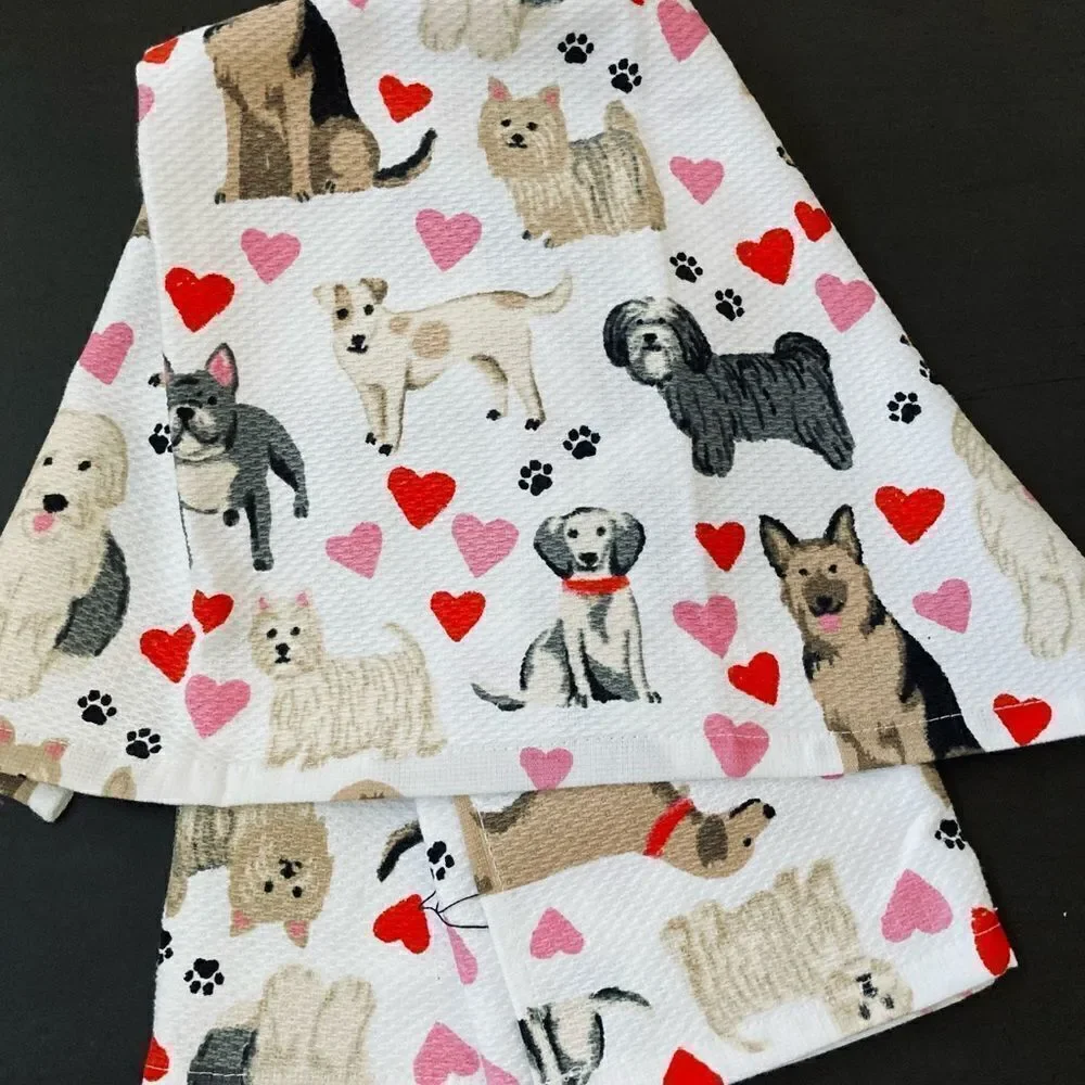 NWT Valentine Dogs & Hearts Kitchen Dish Towels Casaba